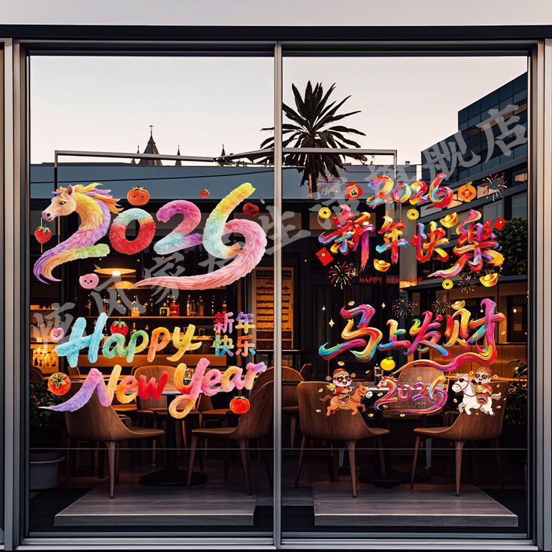 2张装 5D新年静电贴玻璃窗花2026马年新款喜庆过年贴画春节装饰品