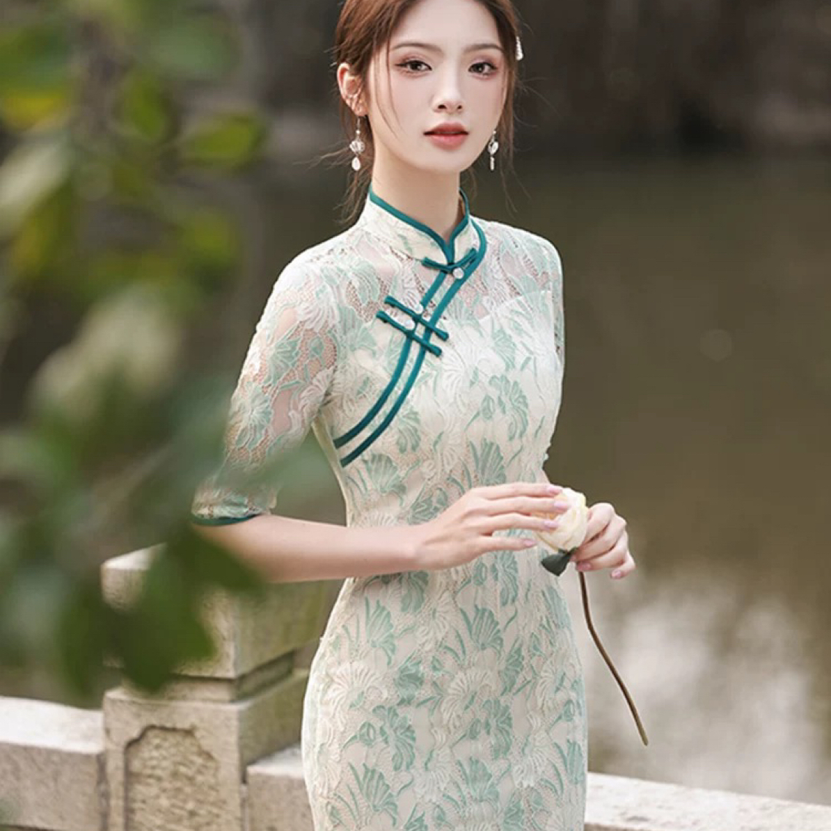 【2643 新款双层 双包边 绿色蕾丝】显瘦优雅复古中国风旗袍蕾丝