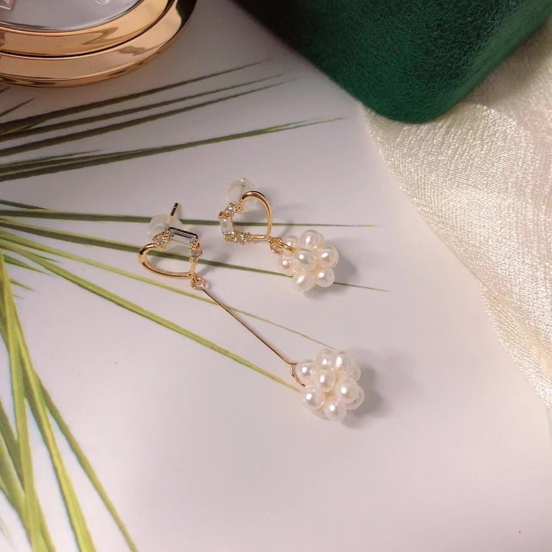 爱心雪球耳环  天然高品质淡水珍珠 非对称设计