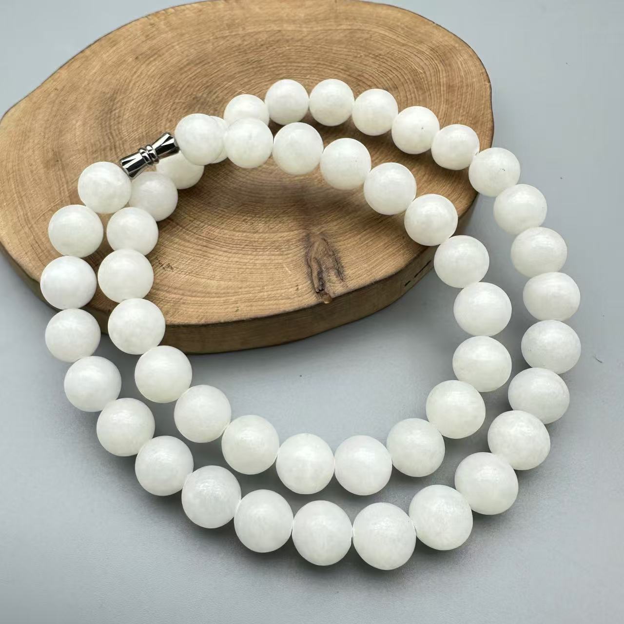 Y104-和田白玉10mm素珠项链毛衣链妈妈气质时尚百搭白色长链