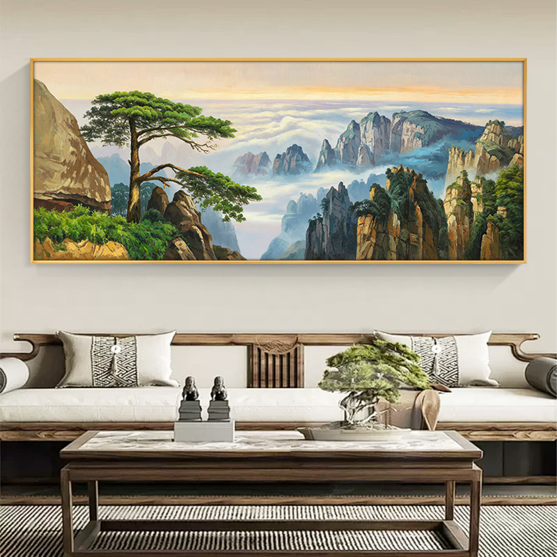 迎客松油画大气黄山风景山水画简约轻奢新中式办公室客厅背景挂画