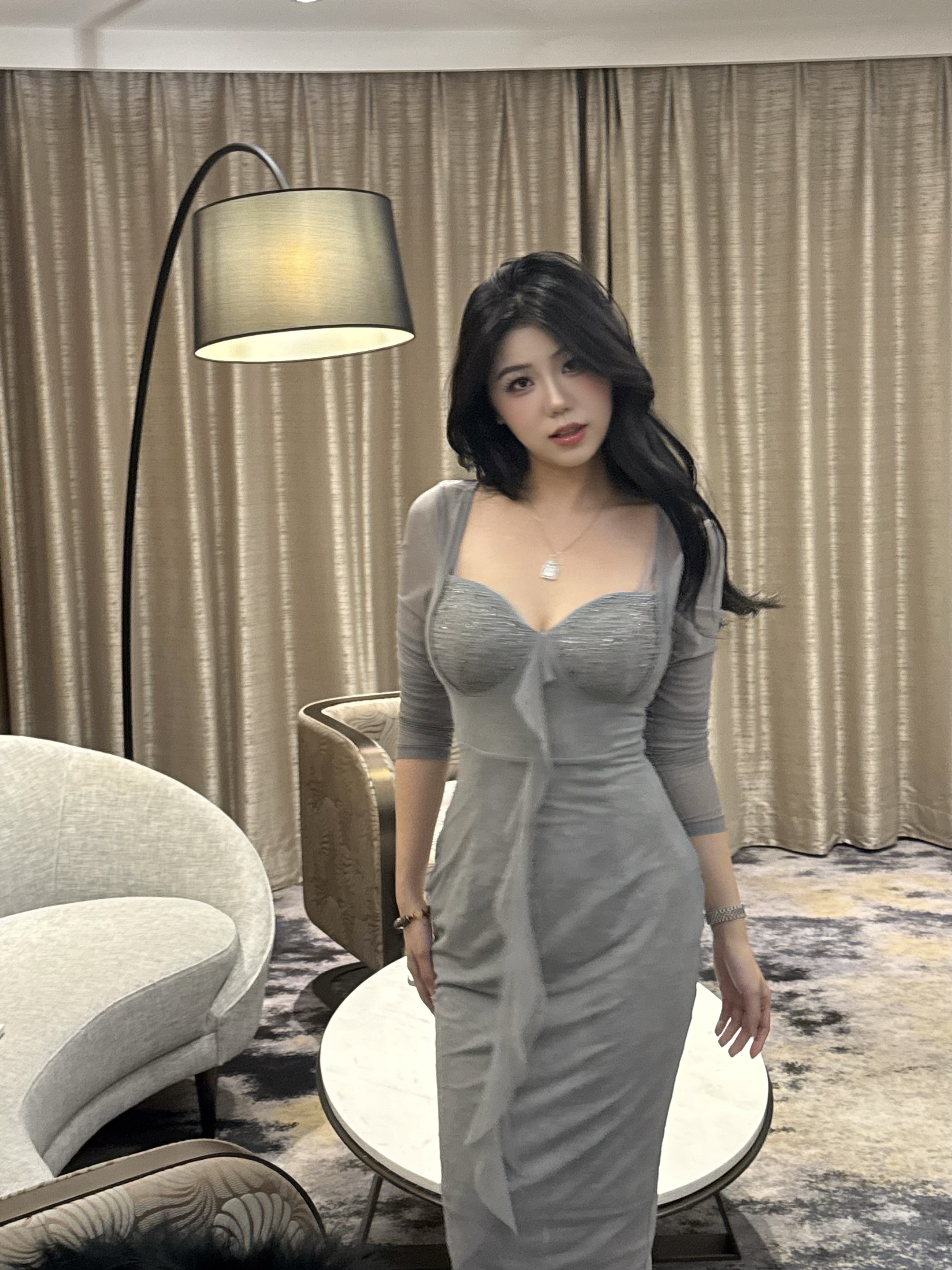 【新店请到张酒窝女装店1号】(冰蓝灰)修身蕾丝连衣裙ZZQ8695