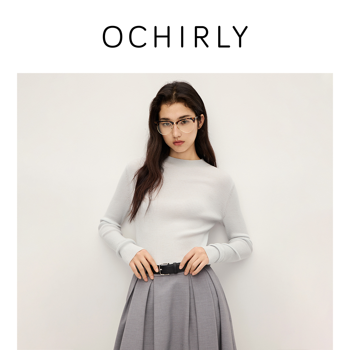 ochirly欧时力 澳大利亚100%美丽诺羊毛毛衣女烟管领秋冬新品