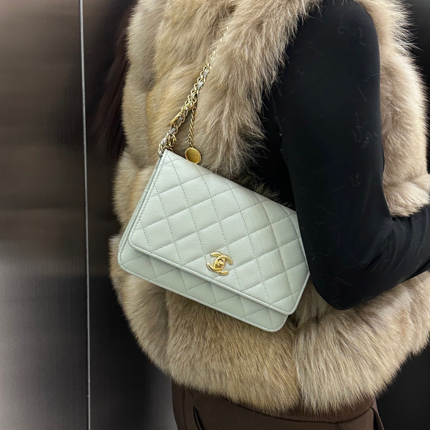 95新 Chanel/香奈儿 chanel 白灰色金币限定woc斜挎包K