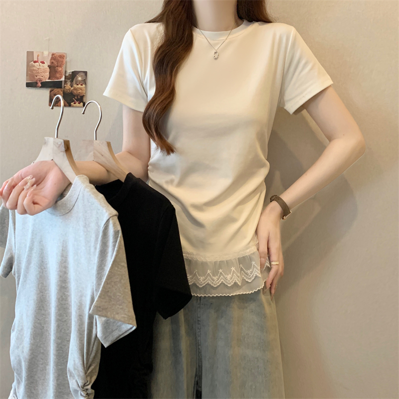 2025夏季新款胖MM蕾丝荷叶边褶皱遮肚百搭显瘦大码T恤女气质上衣