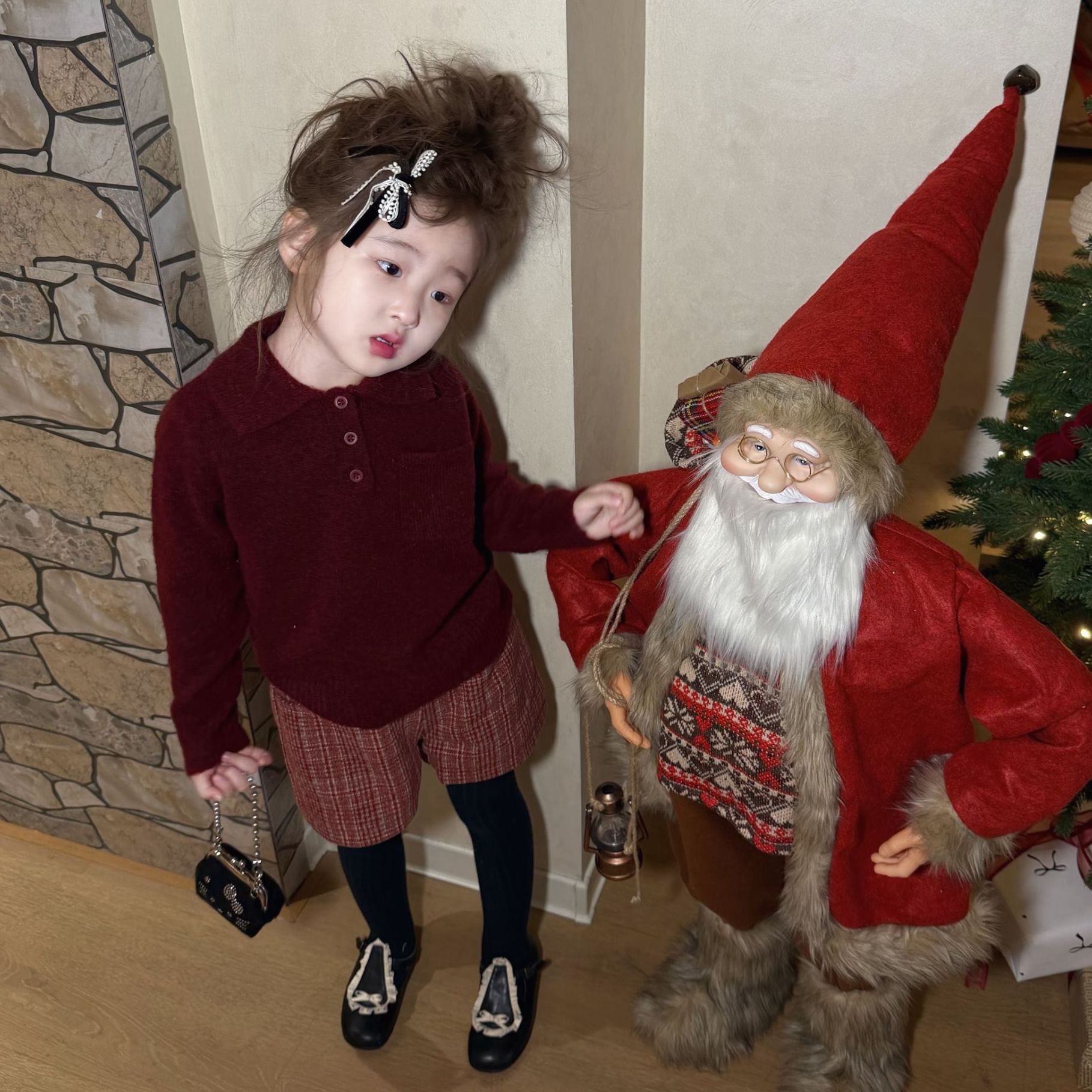 小思家2025冬季新款韩版洋气POLO针织毛衣格子短裤女童学院套装