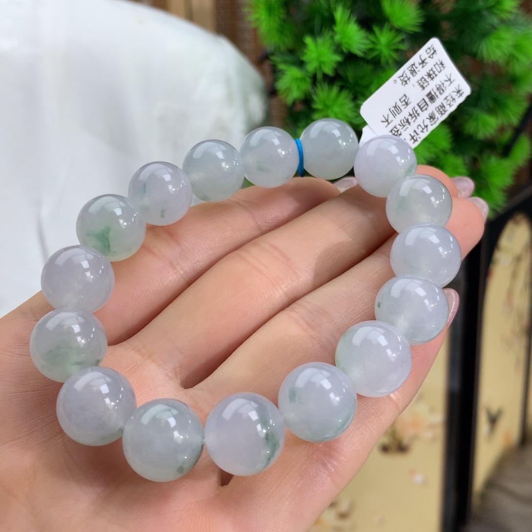 翡翠手链未镶嵌冰胶蓝晴底色飘花手链卡12.6m m