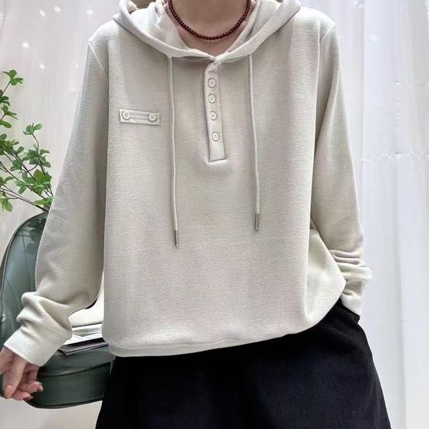 连帽纽扣设计双面德绒卫衣女2024秋冬新款宽松保暖气质纯色