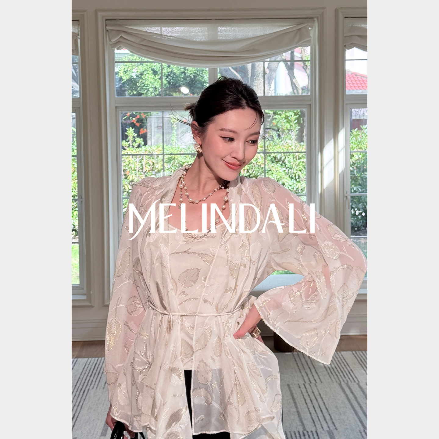 Melinda Li【花影留白】新中式重磅金丝提花桑蚕丝吊带系带开衫套