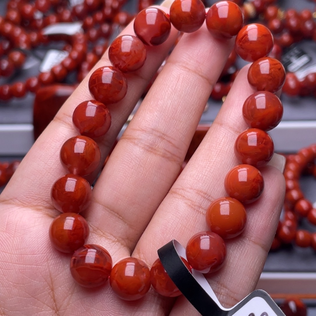 南红玛瑙未镶嵌其他原矿）高品10mm瓦西玫红火焰纹单圈