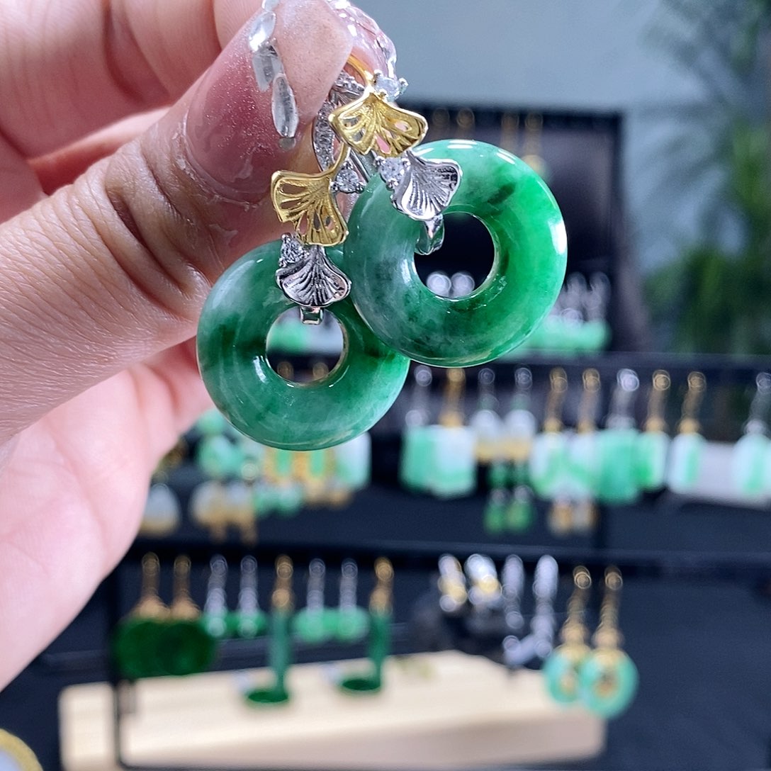 翡翠耳饰银S925镶嵌翡翠