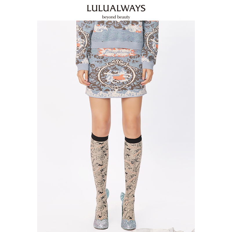 LULUALWAYS复古法式高腰原创花型撞色包臀半身裙短裙