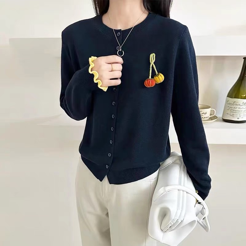高级感立体蝴蝶结南瓜装饰圆领针织外套宽松显瘦羊毛开衫秋季女款