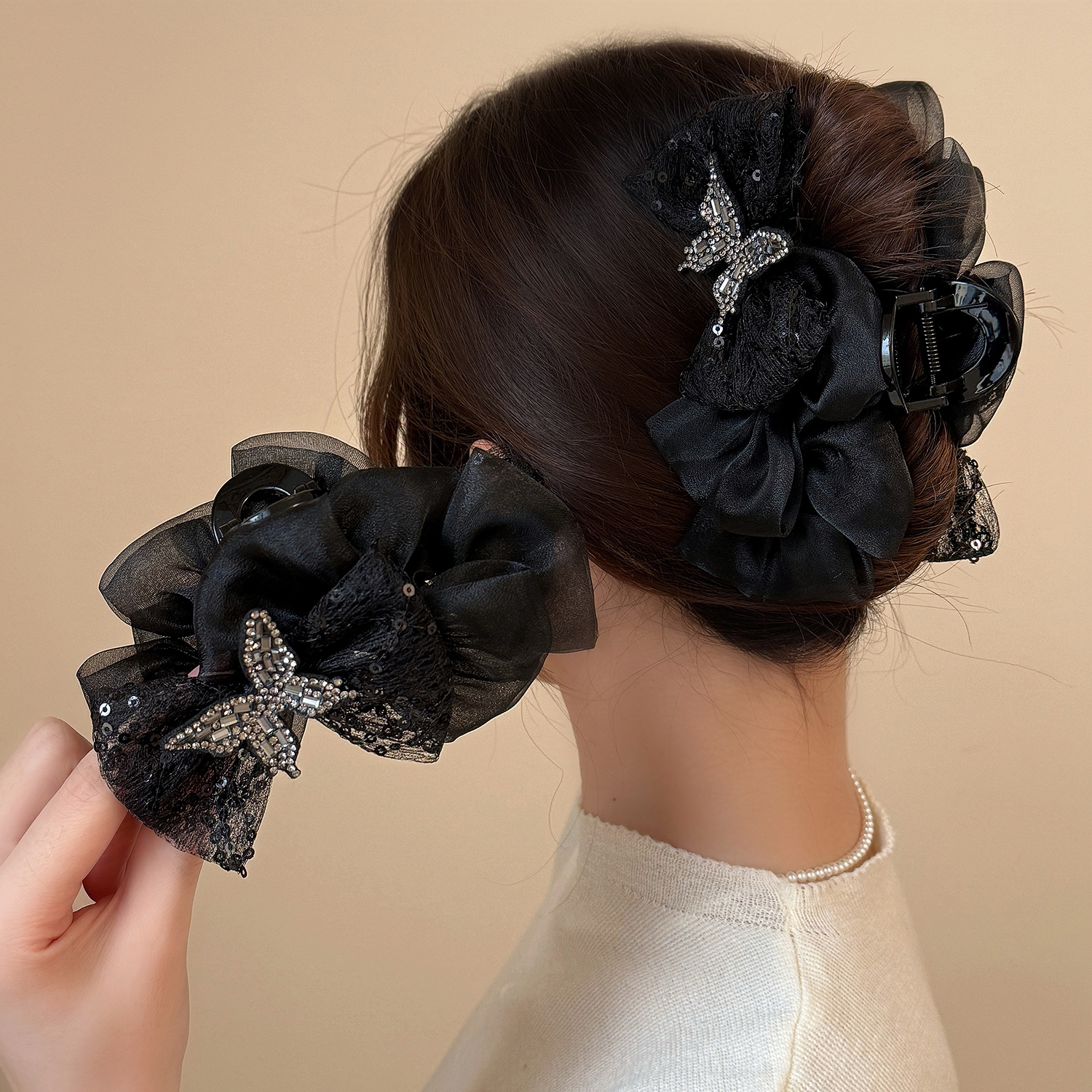 原创设计气质简约少女风女黑色蕾丝网纱蝴蝶大号鲨鱼夹发夹发饰