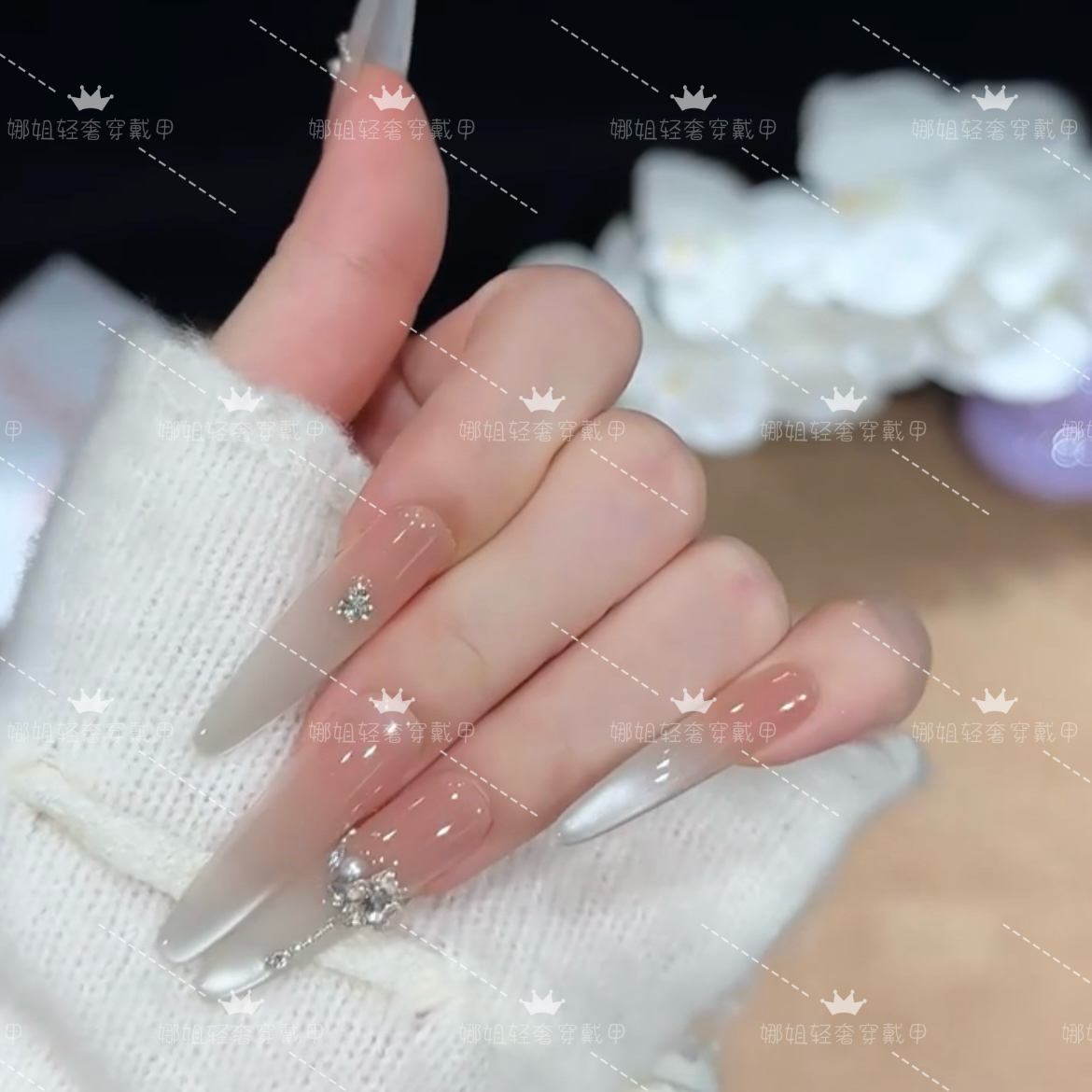 纯欲清冷夏日爆闪精灵梦幻蓝不规则猫眼冰透花花美甲高级高级感