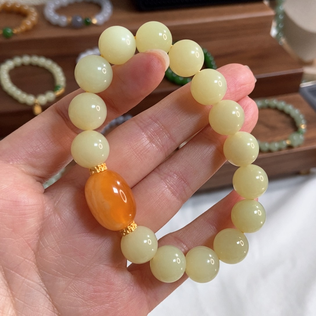 和田玉手链银S925镶嵌12mm黄口精品