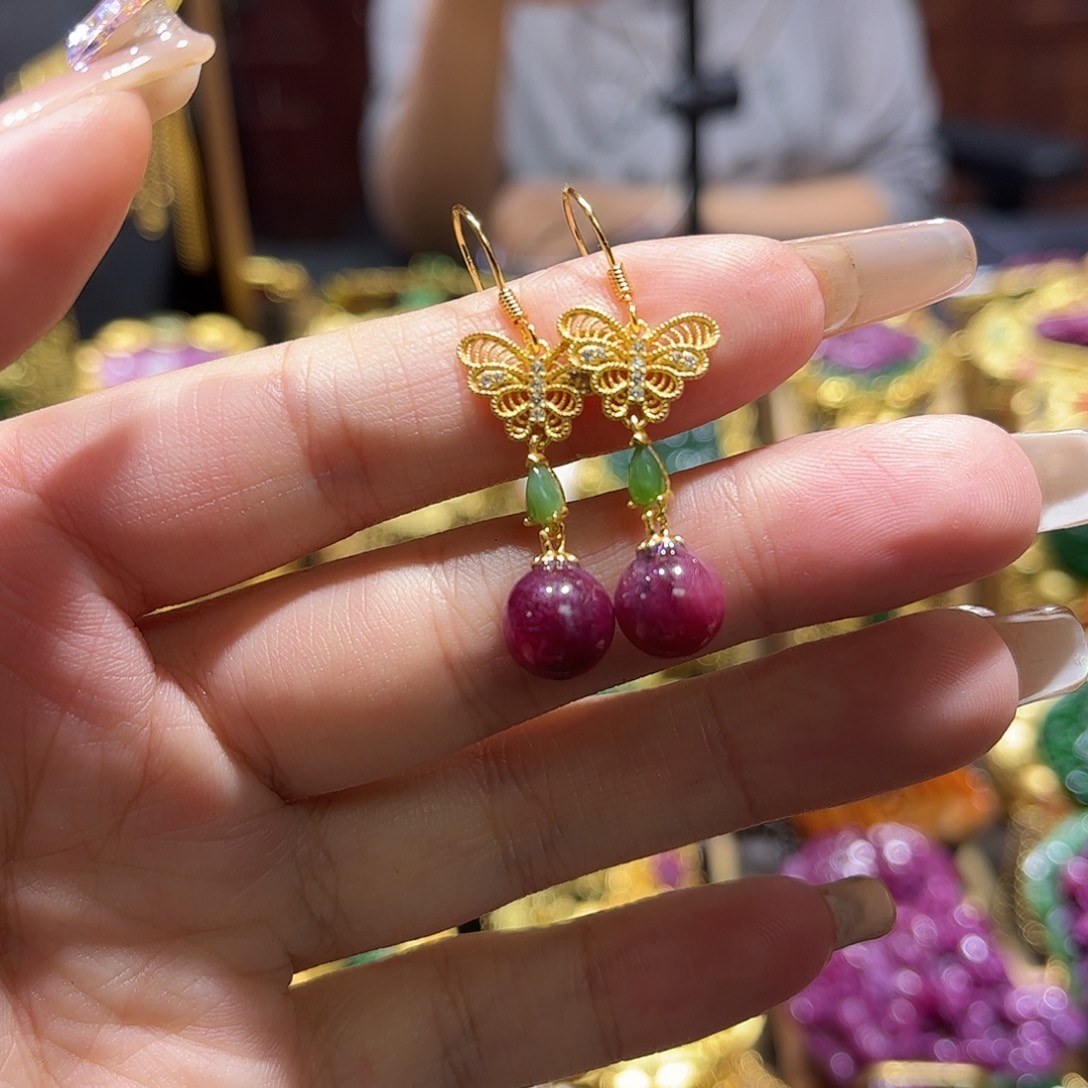 银S925镶嵌耳饰红宝石