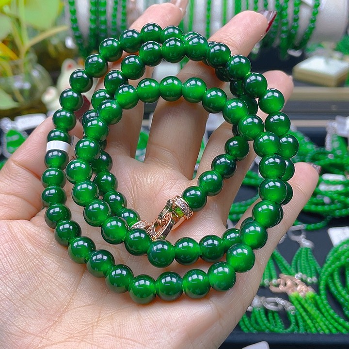 翡翠颈饰未镶嵌六*高冰辣绿项链卡8