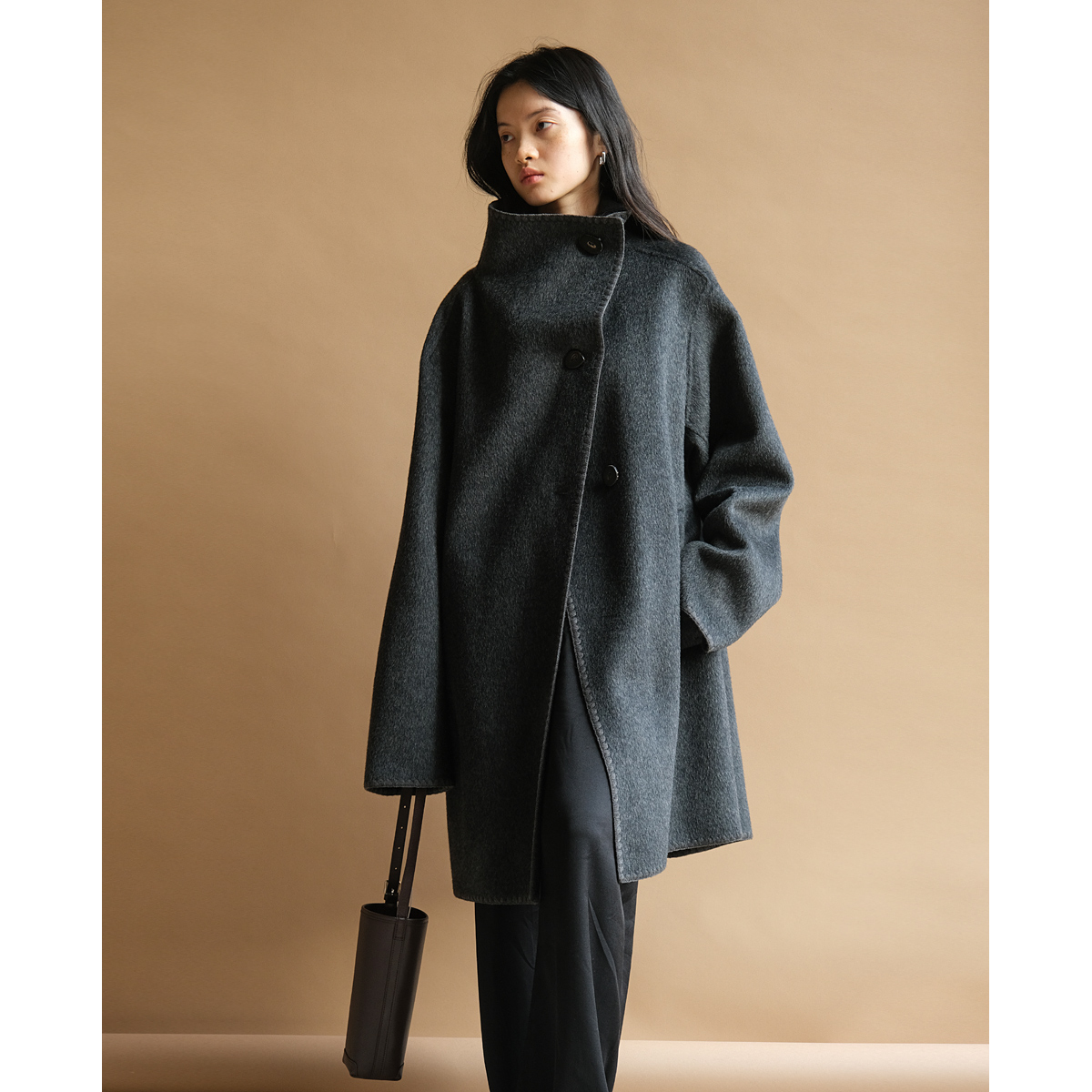 zum灰色立领呢子斗篷羊毛双面呢大衣短款小个子毛呢外套女秋冬厚