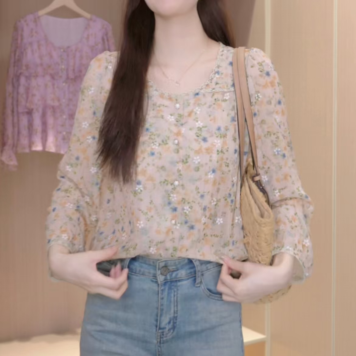 【大脸哈】洋气圆领碎花衬衫女短袖2025新款百搭时尚宽松遮肚子小衫