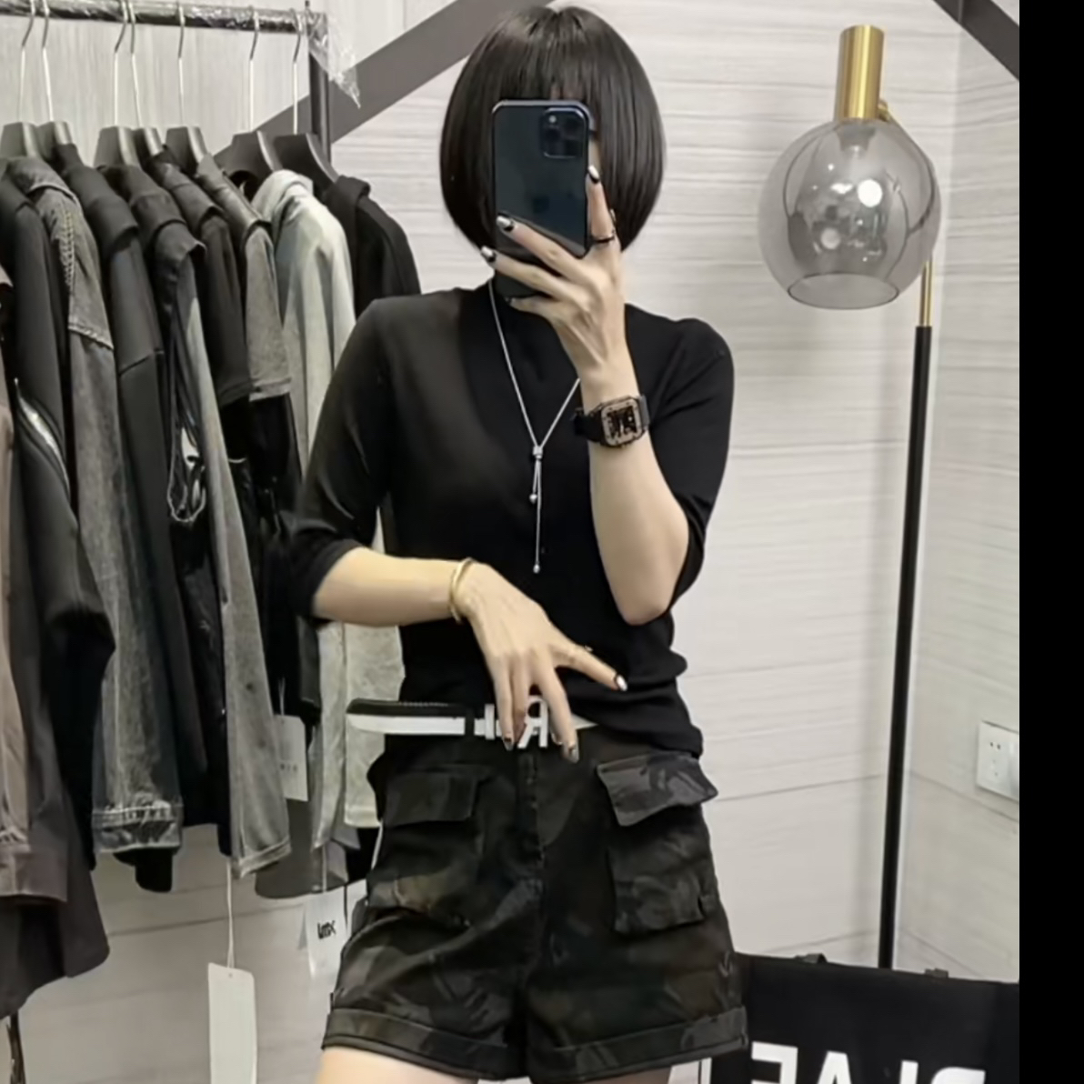 堆堆领显瘦五分袖打底衫