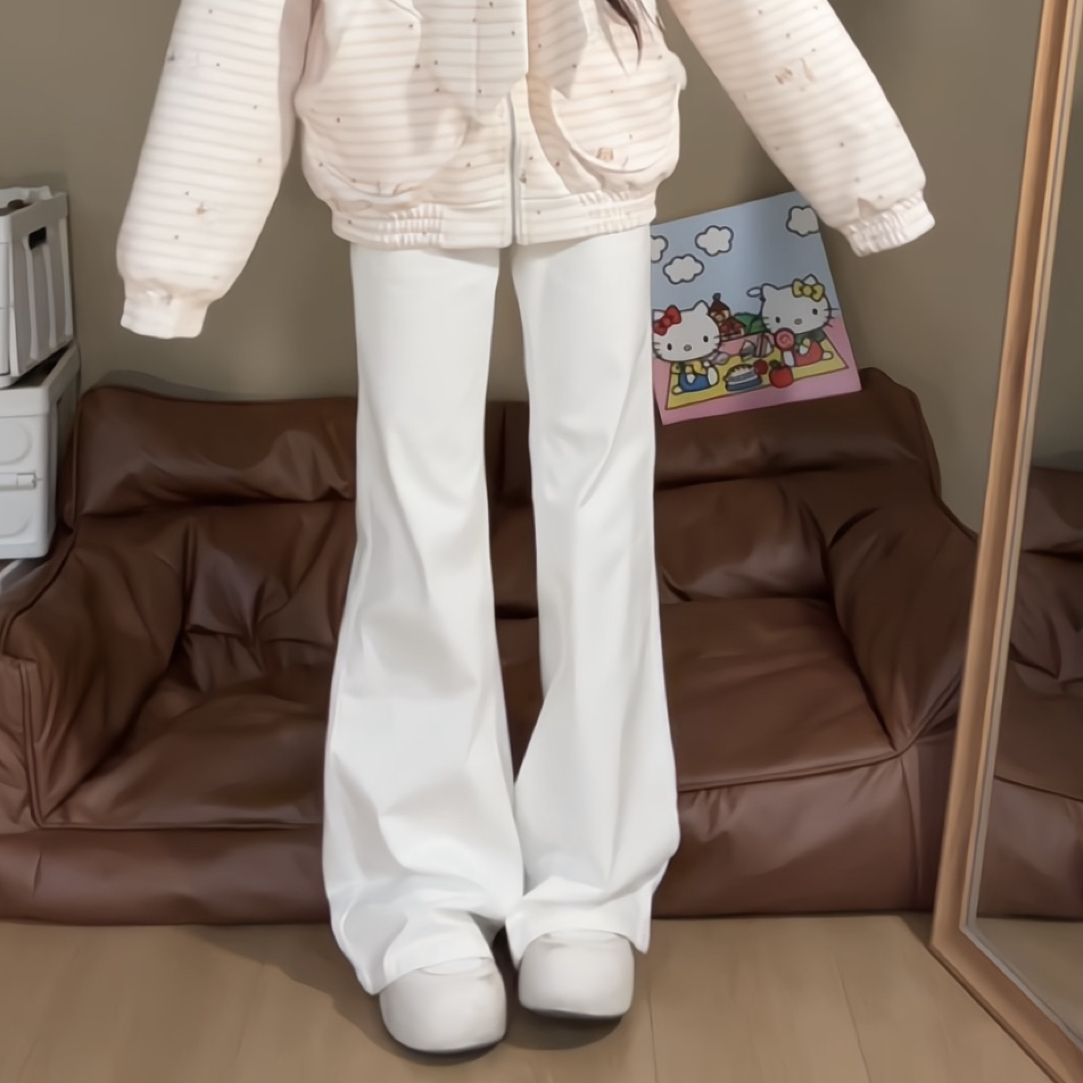 做梦特长生 自制高腰白色弹力微喇裤简约百搭显瘦拖地马蹄长裤女