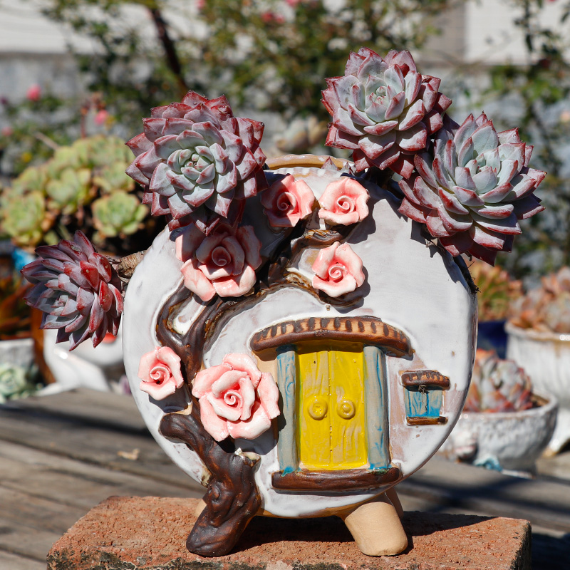 精美创意粗陶鼓盆多肉花盆捏花复古设计
