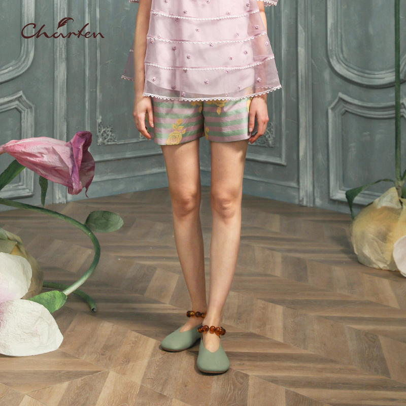 【媛媛专享】朝峰夏季新款弹力腰头条纹宽松休闲短裤CFC2F326-360D