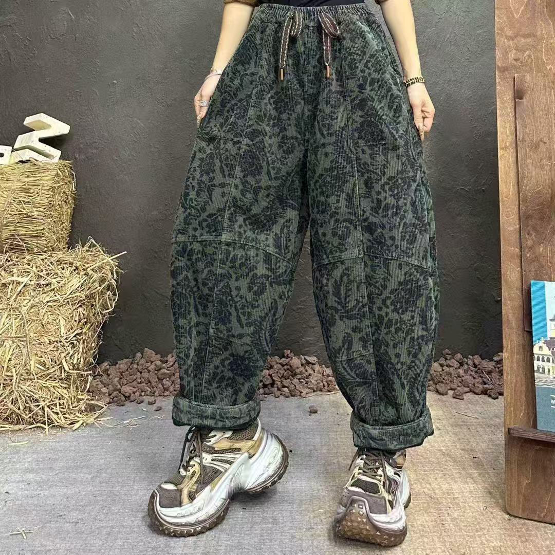 冬季灯芯绒加绒加厚松紧腰复古宽松显瘦百搭保暖休闲印花老爹裤女