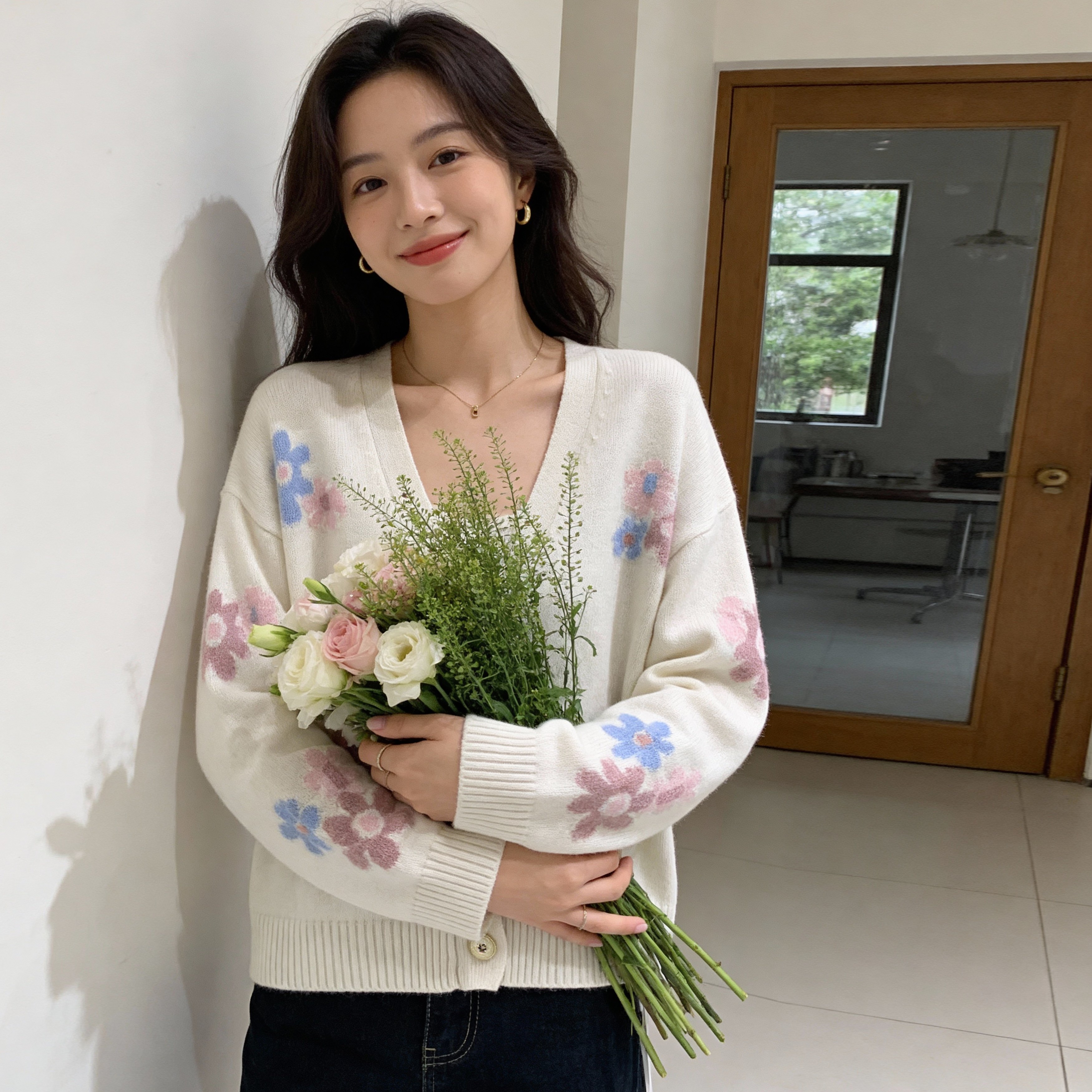 【100% 纯山羊绒】秋冬领花卉提花针织开衫女减龄羊绒上衣CKM0025