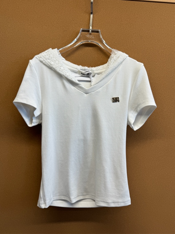 SHRO ENRO上衣｜蕾丝拼接连帽修身v领T恤056