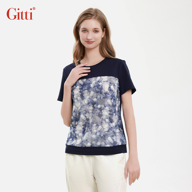 Gitti/吉蒂2025春夏新款网纱拼接印花短袖大码T恤女G251317