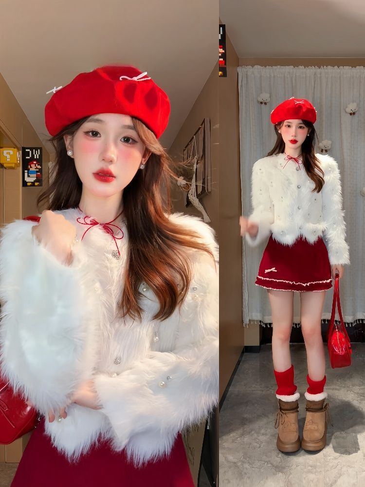 小香风高级感外套名媛气质入冬新款毛茸茸高腰蝴蝶结包臀短裙套装