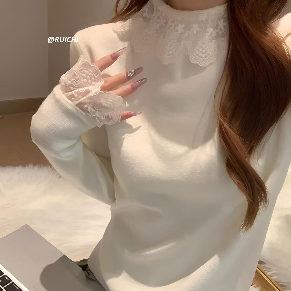 2025秋冬新款法式氛围感蕾丝拼接翻领竖纹长袖修身针织衫上衣女