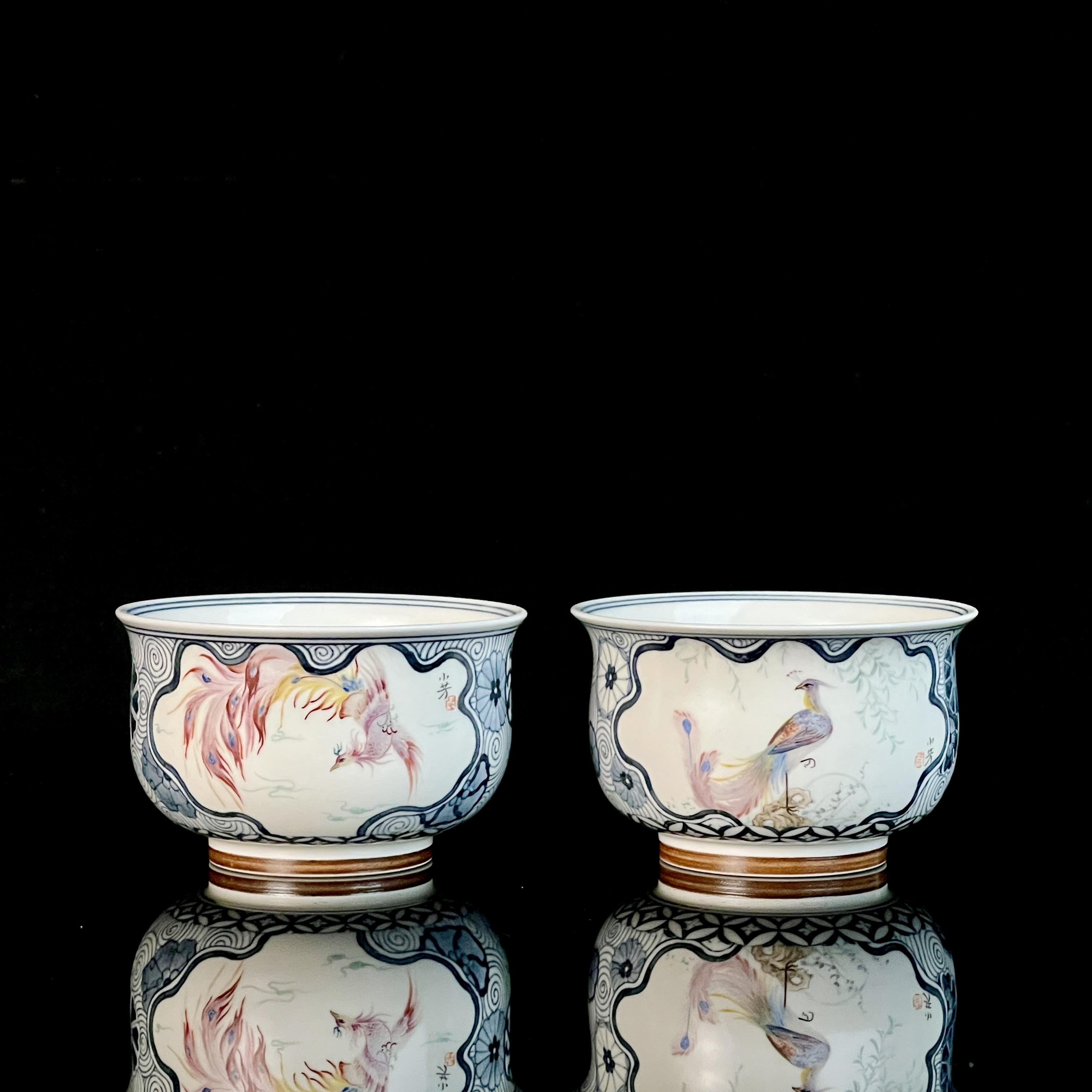 等于堂柴烧出品，小芳老师手绘，开窗花鸟炉式杯，容量100毫升