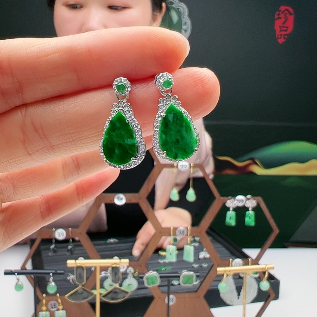 翡翠银S925镶嵌耳饰香*天然翡翠