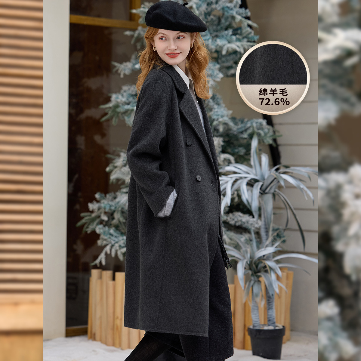 白鹿语25年秋冬英伦风翻领插肩袖羊毛混纺双面呢大衣外套BX20416