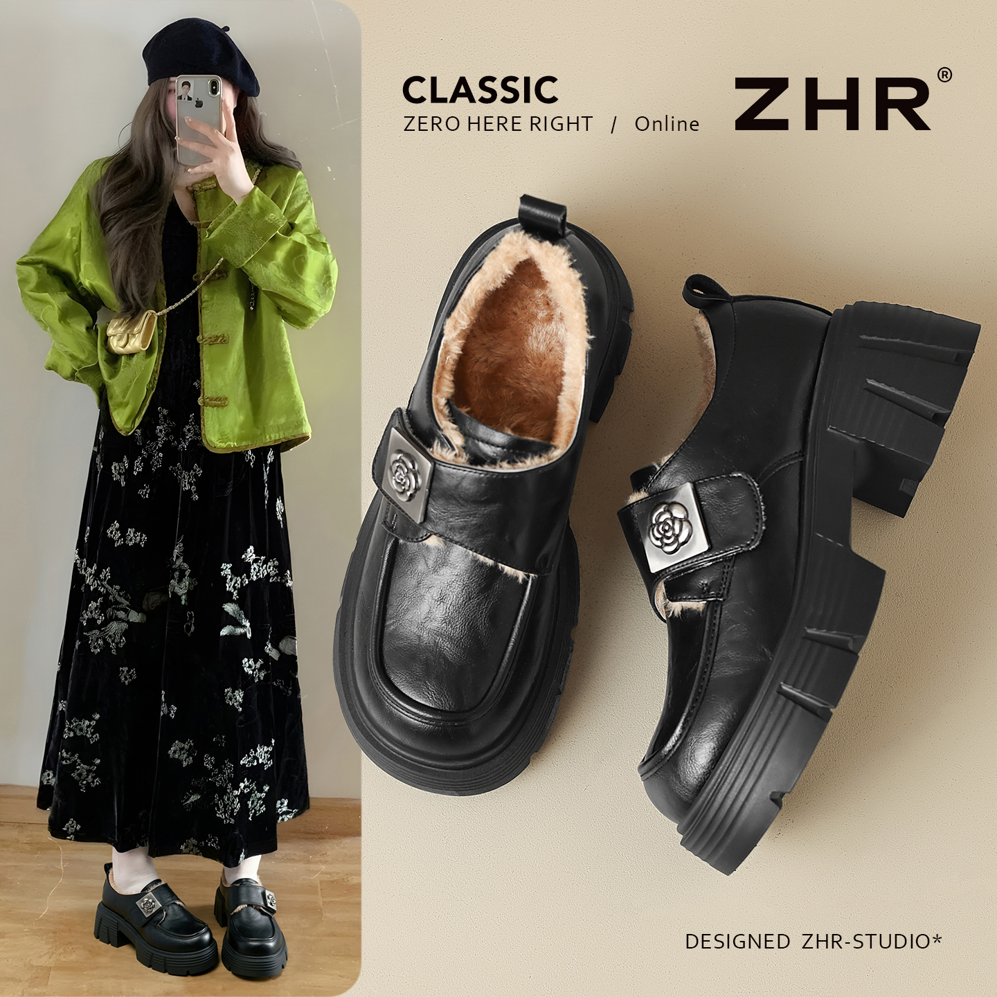 ZHR则则6.5CM粗跟山茶花厚底乐福鞋百搭英伦风复古单鞋女KN230B