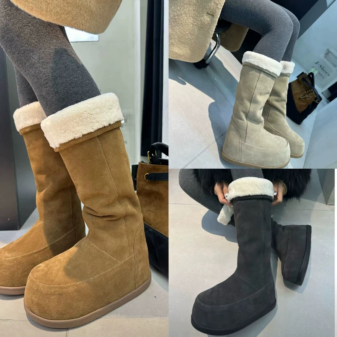 广州欧货【暖冬序曲】冬季真皮7cm加厚保暖洋气丑萌时尚厚底雪地靴