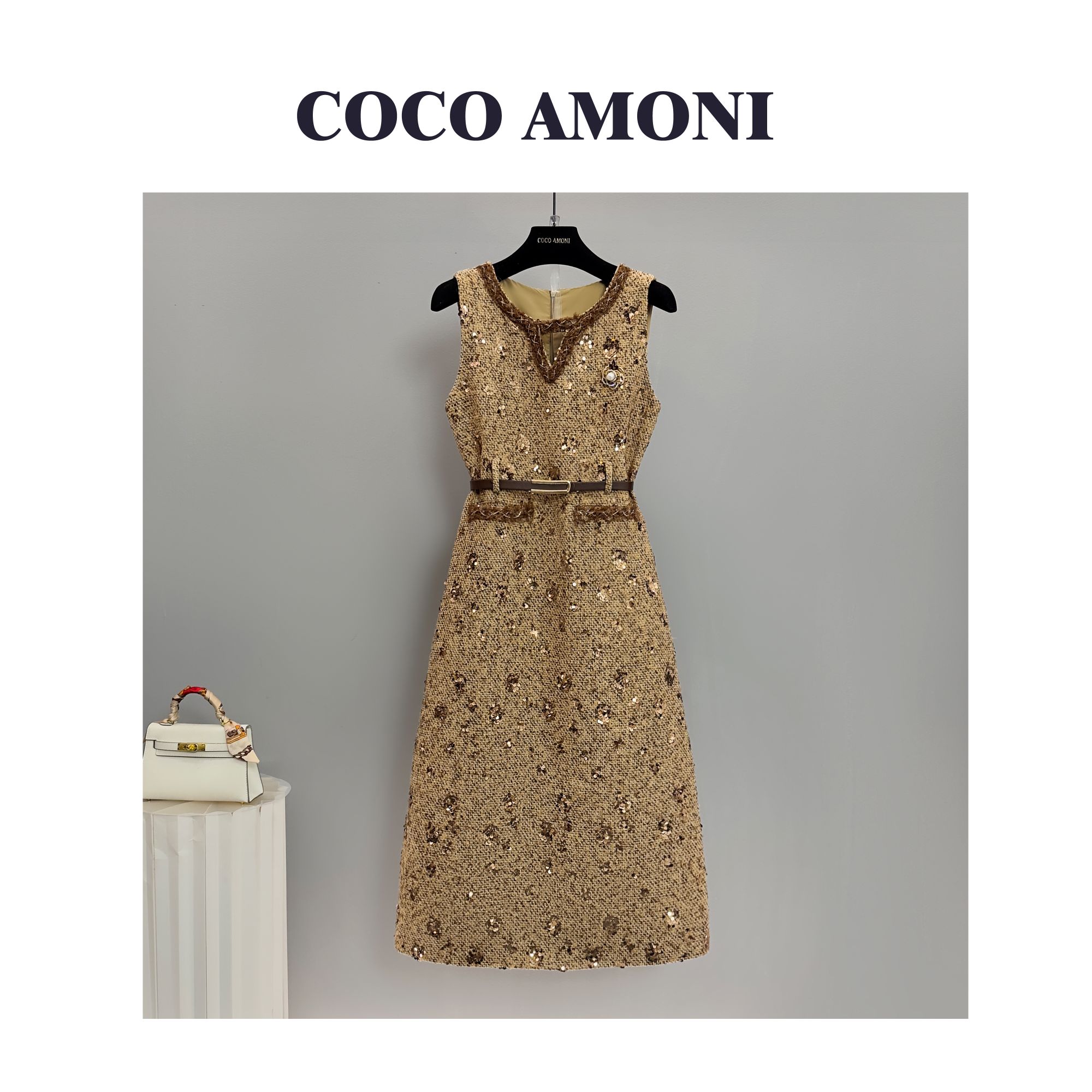 [曼姐]秋冬季轻奢设计师复古女装拼接收腰显瘦气质连衣裙WXH1135