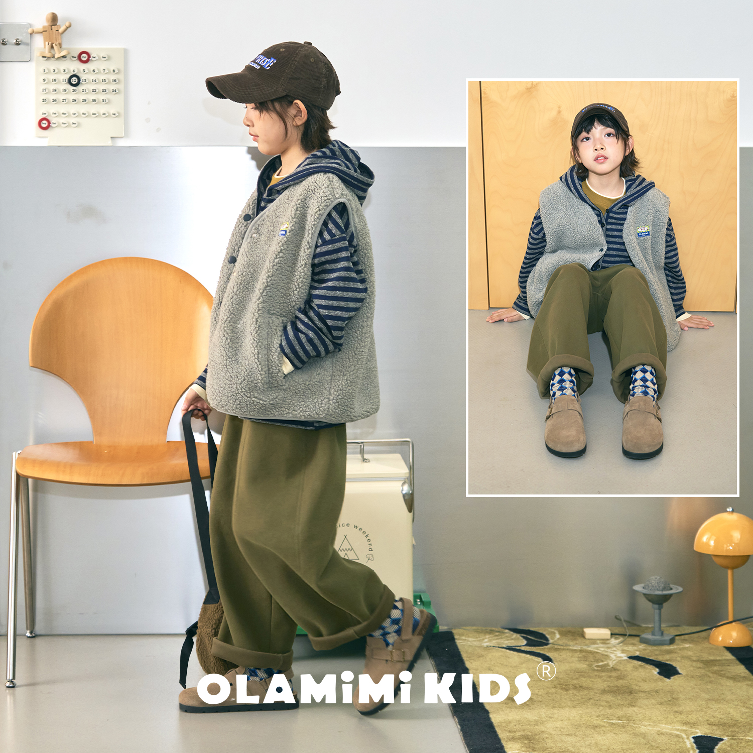 OLAMIMI 2025秋冬儿童亲子工业灰机能风街头潮酷保暖仿羊羔绒马甲