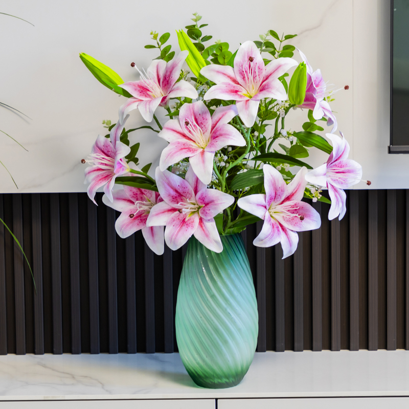 仿真百合花满天星花艺家居餐桌茶几装饰花摆放花盆塑胶塑料假花束