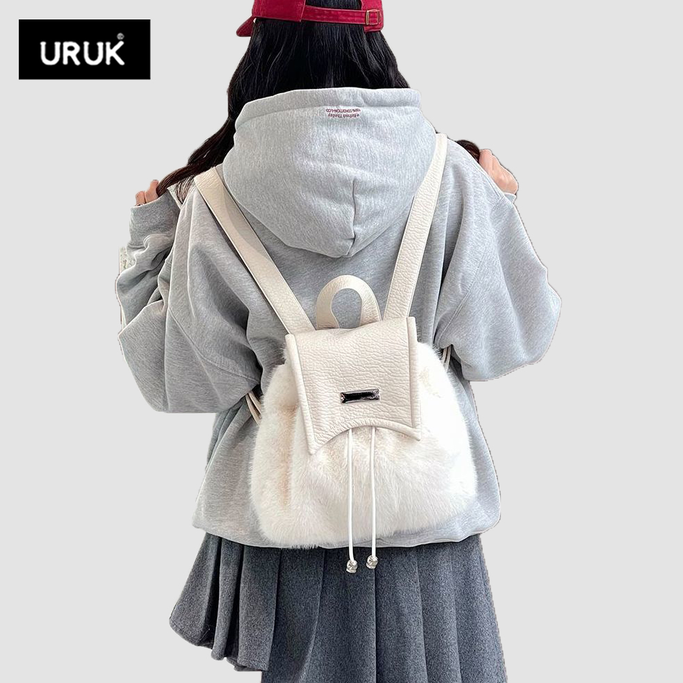 URUK韩系双肩包包2025新款秋冬学生上课背包拼接毛毛高级感手提包