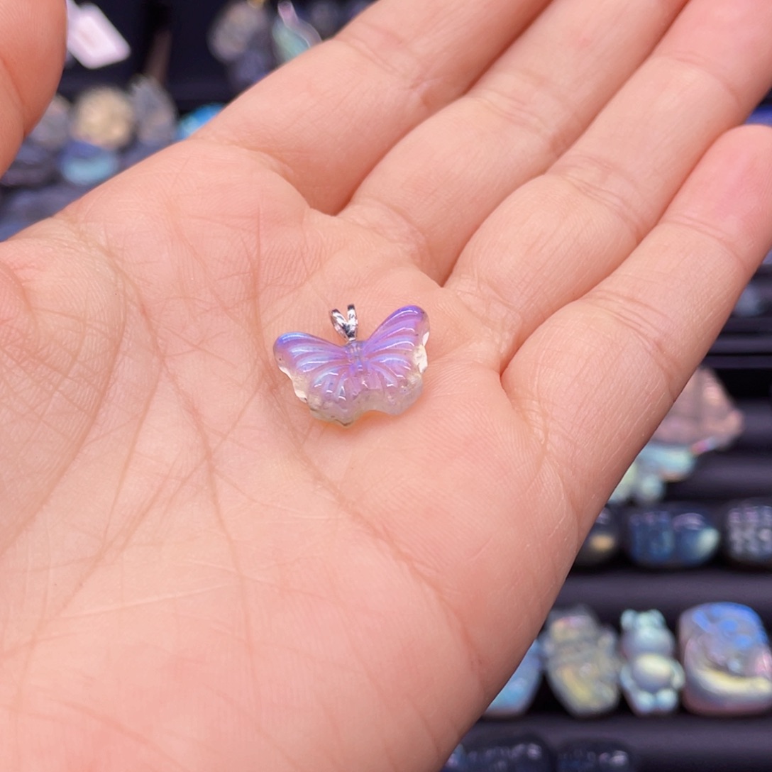 长石吊坠(不含链)银S925镶嵌草****x蝴蝶