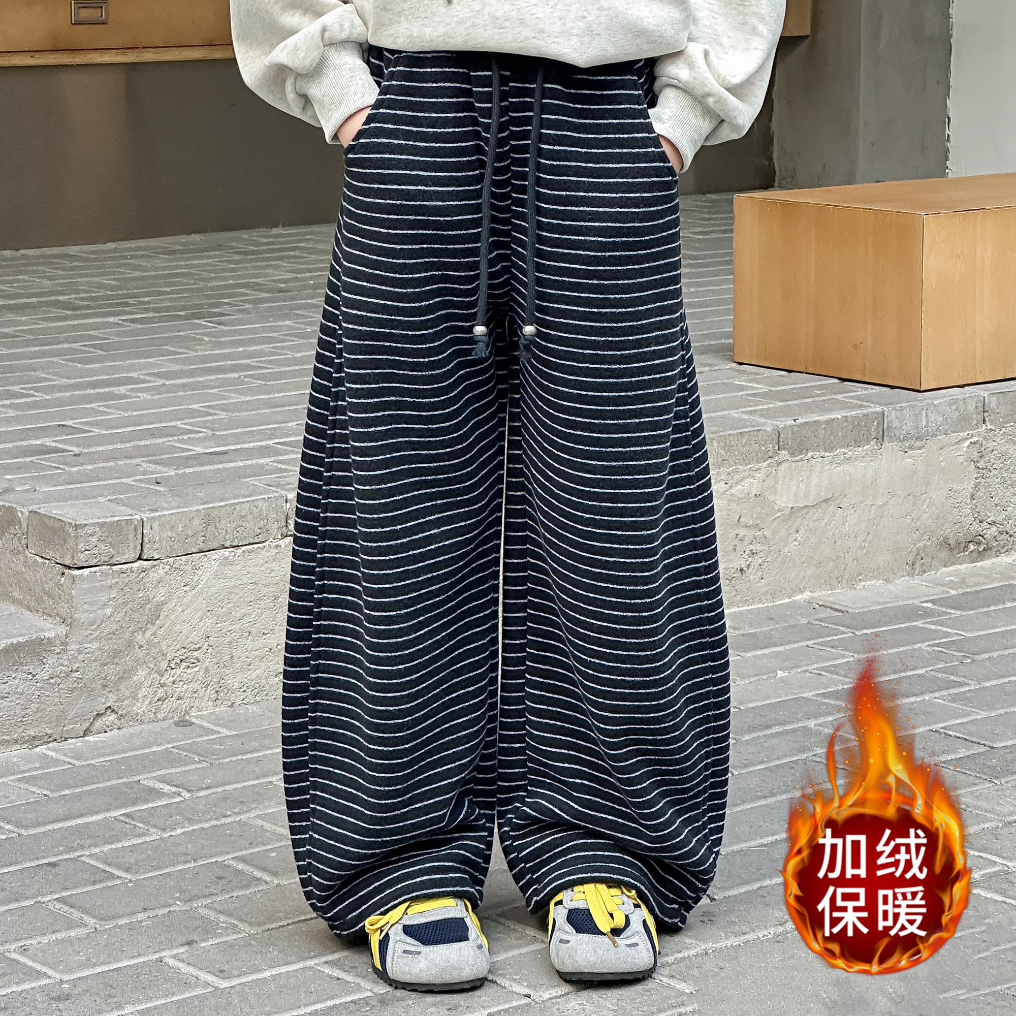 童装女童冬季加绒条纹裤子2025新款中大童冬装时髦保暖加厚休闲裤