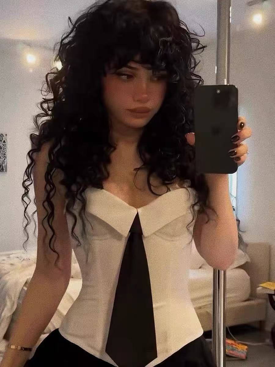 【Vivian】高智风领带拼接翻领弹力辣妹束腰设计感抹胸上衣