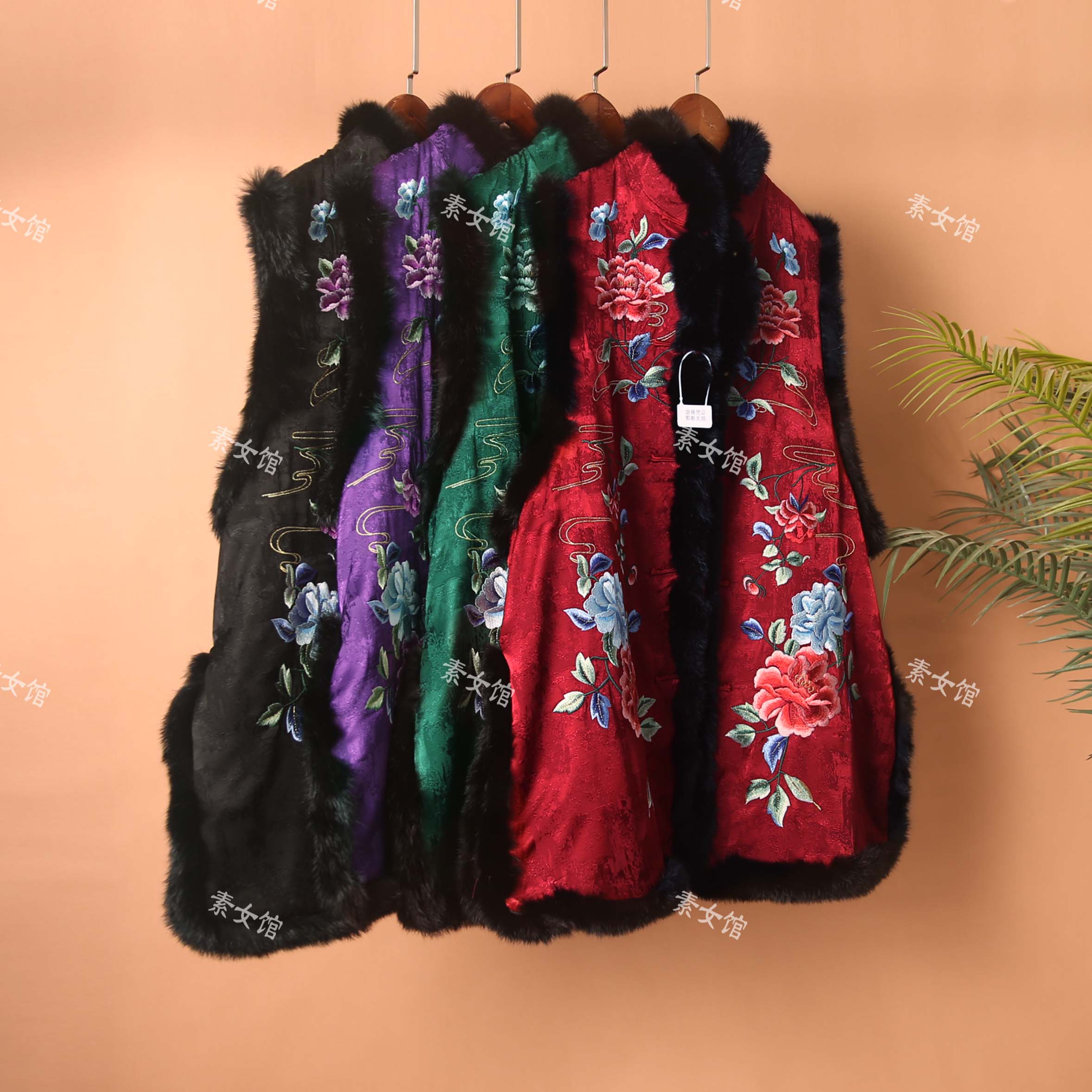 240007新款重工刺绣马甲新中式对襟毛领中长款棉马甲