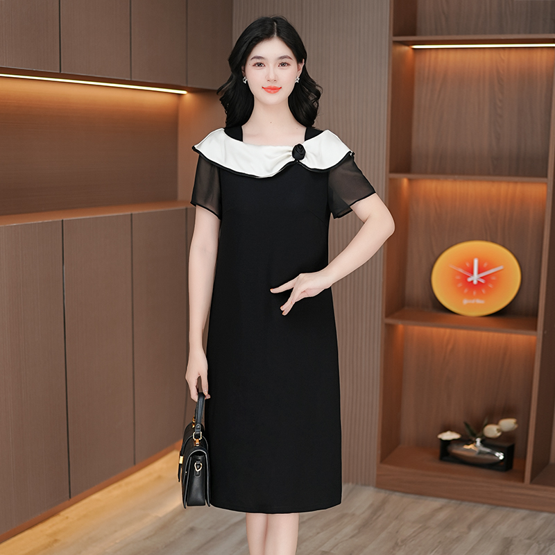 气质黑裙夏季新款减龄显瘦拼色中长款时尚裙子女
