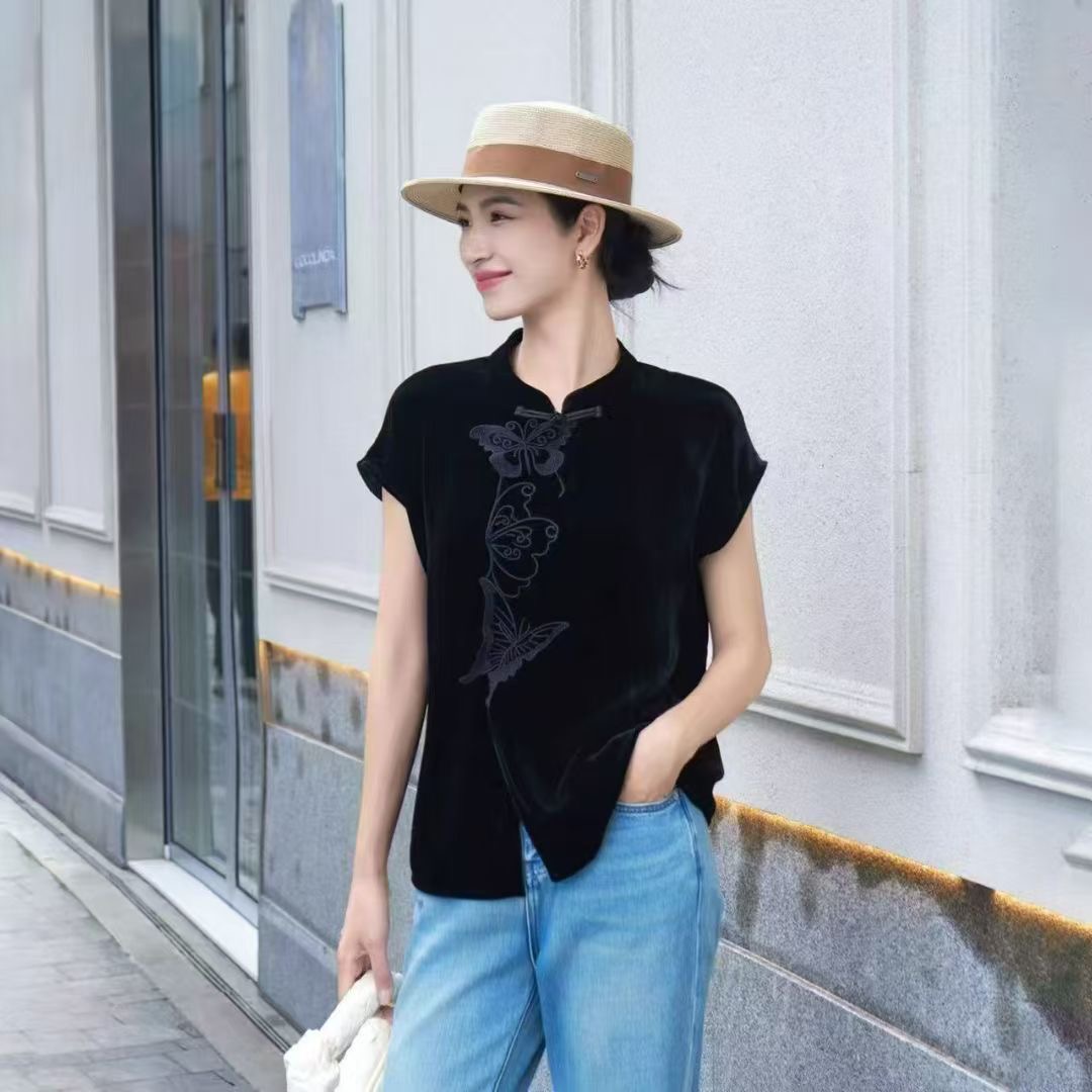 刺绣圆领短袖直筒型少女风T恤时尚唐装民族风绣花