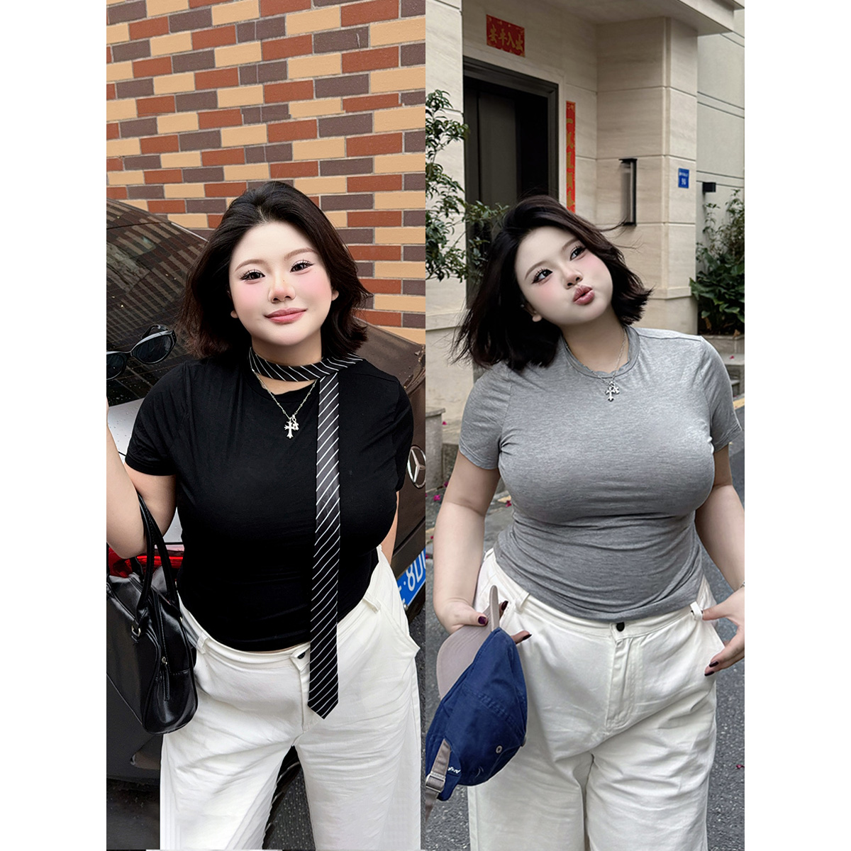 全球花【王炸云朵凉T】大码夏季新款小圆领修身正肩短袖T恤收腰上衣